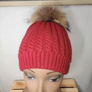 Furtalk Knit Maroon Beanie w/ Faux Fur Pom Pom